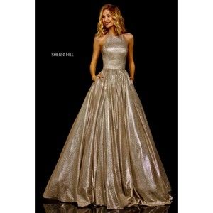 NWT Sherri Hill Glitter Ball Gown Size 6 High Cut Halter Mocha Silver 52964 Prom